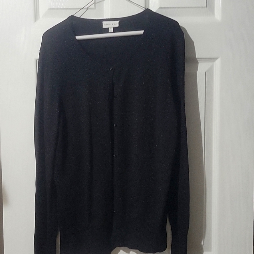 Dressy cardigan, black with metallic finish satin covered buttons